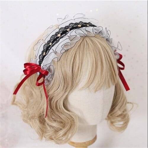 Gothic Lolita Lace Trim KC Bow Hairband Handmade Hair Accessories Womens Headdress D276
