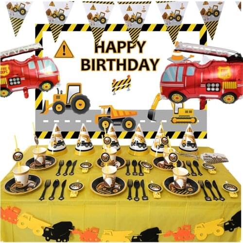 Christmas Cartoon Car Party Plate Napkins Tablecloth Cup Construction Vehicle Birthday Party Supplies Disposable Tableware Set