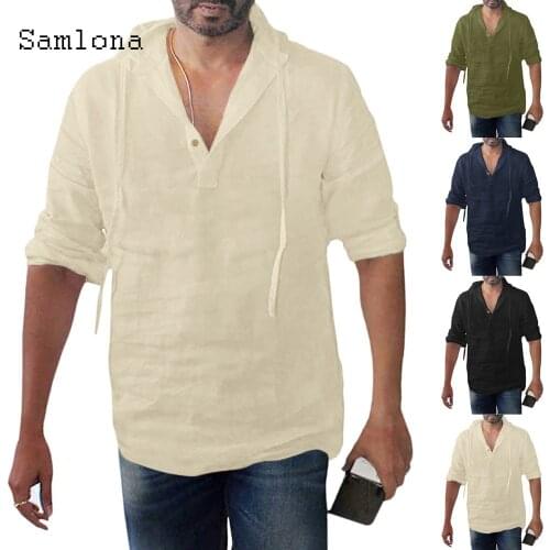 Samlona Long Sleeve Shirt Hoodie Tops Sexy Men clothing 2021 Summer Casual Pullovers Khaki Black Mens Blouse Plus size M-3XL