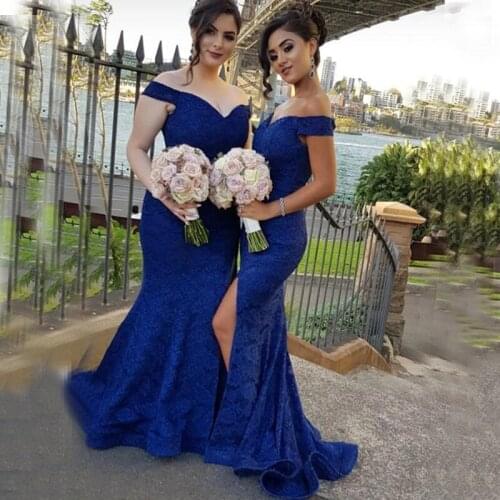 YiMinpwp Royal Blue Mermaid Bridesmaid Dresses Off Shoulder Side Split Sweep Train Lace Garden Country Wedding Guest Gowns
