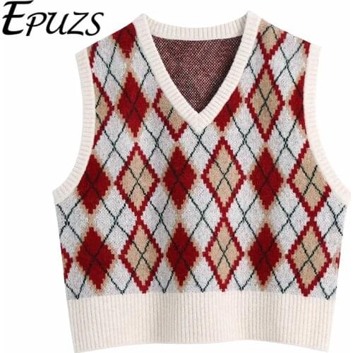2021 Spring V-Neck Argyle Red Vest Knitted Sweater Sweet Cute Elegant Slim Eurpea Pullover Lady Casual Loose Chic Top Epuzs