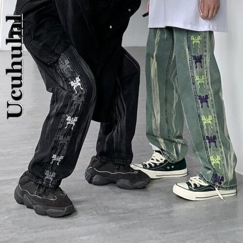 Ucuhulnl Hip Hop Streetwear Jeans Woman Straight Elastic High Waist Denim Butterfly Pattern Print Wide Leg Punk Harajuku Jeans