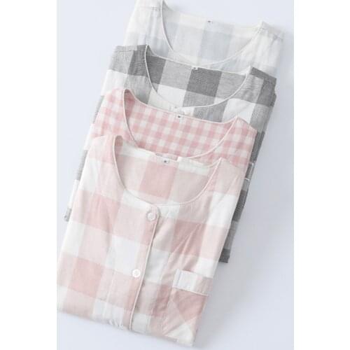 100% Cotton Spring Summer Pajamas Women Casual Plaid Short Sleeve Trousers Two Pieces Set O Neck Buttons Couples Home Clothes