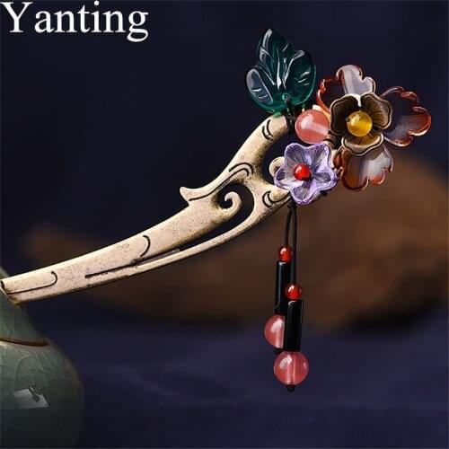 Yanting Glass Glazed Flower Hair Stick Handmade Ethnic Hairpin Women Vintage Hair Ornaments New Arrical Gift Head Jewelry 044