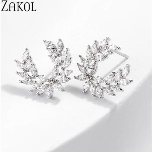 ZAKOL Brand New Fashion Olive Shape AAA+ Cubic Zircon Stud Earrings Branch Crystal Earings For Women Party Boucle d'oreille E455