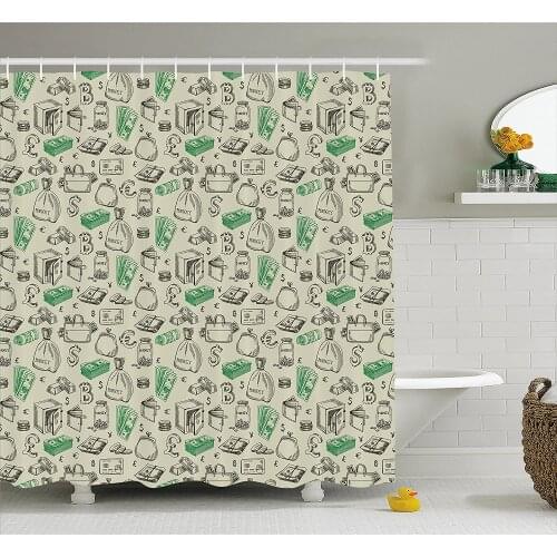 Money Shower Curtain Symbols of Monetary Systems Dollar Crypto Currency Bitcoin Sign Sketch Waterproof Polyester Bath Curtains