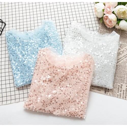 2019 New Summer Fashion blingbling Sequined Tees Sweet Loose O-Neck t shirt women streetwear Slim Mesh Short Sleeve Shirts Mw653