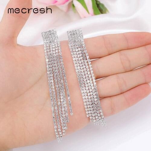 Mecresh Crystal Women Drop Earring Silver Color Bridal Long Tassel Earring Without Piercing Clip On Wedding Party Earrings EH424