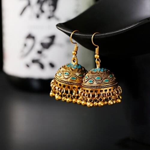 Womens Vintage Ethnic Green Gypsy Gold Indian Earrings Boho Jewelry Retro Bell Tassel Carved Ladies Jhumka Earrings
