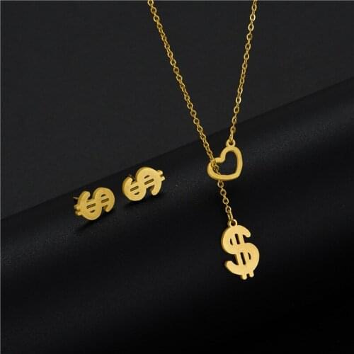 Womens Money Dollar Necklace Earrings Set Dubai Gold Color Stainless Steel African Indian Wedding Jewelry Sets for Women Girls