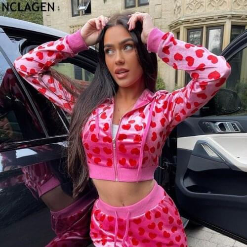 NCLAGEN Women Casual Set Sweet Heart Pattern Zip Up Hooded Crop Sweatshirt Coat Elegant Loose Pants Female Two Pieces Suit Set