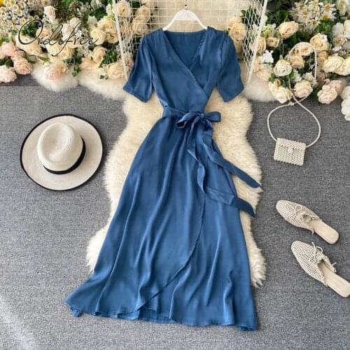 Ordifree 2021 Summer Vintage Women Satin Party Dress Short Sleeve Sexy Belted Silk Long Night Dress