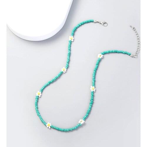 Bohemia Pink Blue Flower Acrylic Rice Beads Choker Necklace For Women Sweet Girls Choker Jewelry