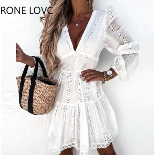Women V-neck Bubble Sleeve Tight Waist Hollow-out Button Front Dress Casual Dress Summer Mini Dress
