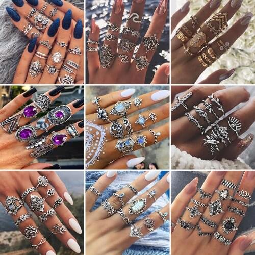 Vintage Purple Crystal Knuckle Rings for Women Bohemian Geometric Anel Finger Ring Set Boho Party Anillos Mujer Jewellery 2020