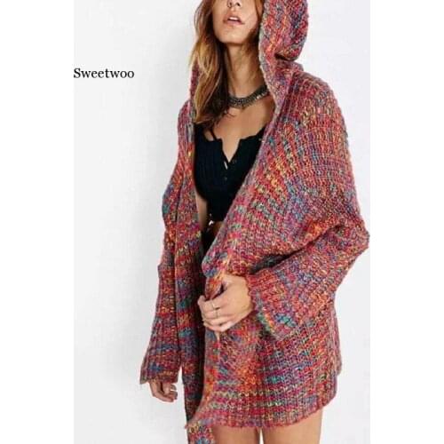 Winter Women Sweater Colorful Casual Hooded Cardigan Embroidery Letters Knitted Female Harajuku Open Stitch Sweaters