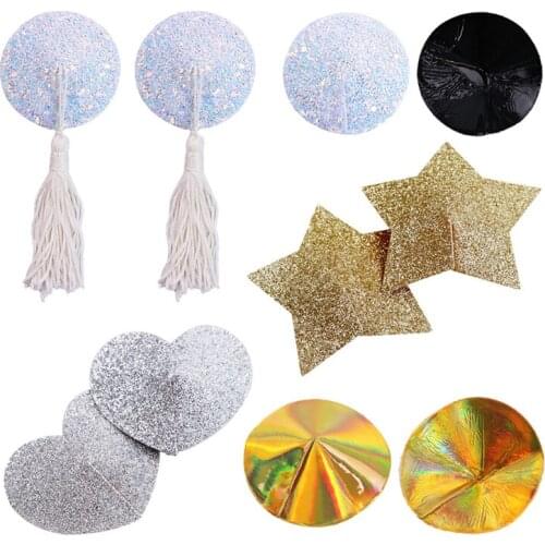 1 Pair Sex Product Sexy Sequin Nipple Covers With Tassels Heart Shaped Nipple Stickers Chest Stickers Sexy Lingerie accessories