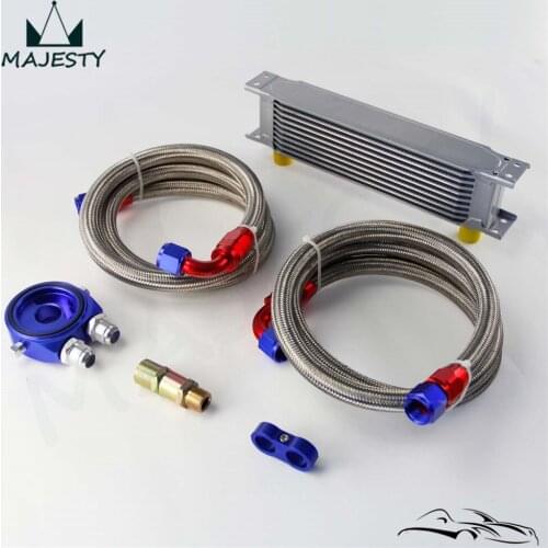 10 Row AN10 Universal Engine Oil Cooler w/ Oil Lines + 3/4*16 UNF Filter Adapter