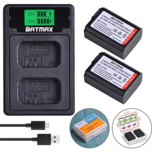 2Pcs 2000mAh NP-FW50 NP FW50 FW50 Battery + LCD USB Dual Charger Type C Port for Sony NEX-7 NEX-5R NEX-F3 NEX-3D a5000 a6000