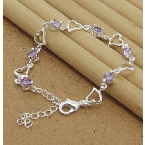925 Sterling Silver Purple Crystal Heart Charm Bracelet & Bangle Fashion Women Wedding Engagement Jewelry Gifts Pulseira