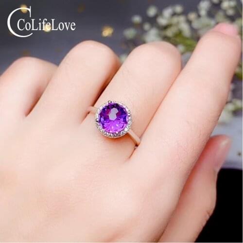 CoLife Jewelry 925 Silver Amethyst Ring for Office Woman 8mm Natural Amethyst 100% Real Silver Amethyst Jewelry Gift for Woman