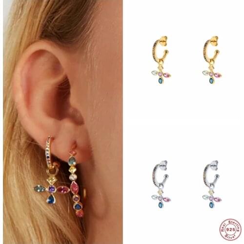 BOAKO 925 Sterling Silver Colorful Zircon Cross Pendant Drop Earring C Shape Circle Rainbow Crystal Dangle Earring Women Jewelry