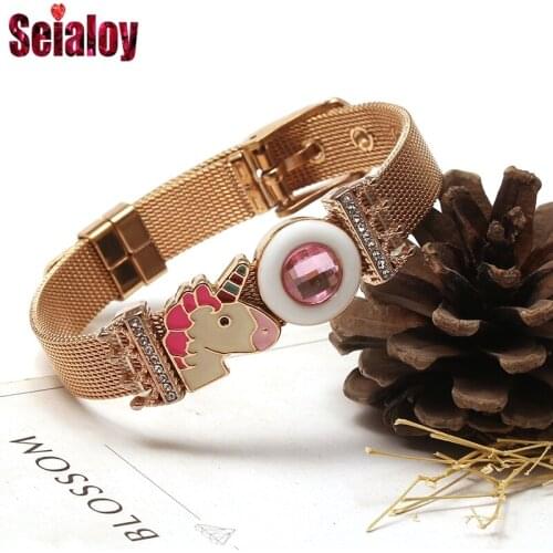 Rose Gold Stainless Steel Mesh Shiny Crown Unicorn Charm Watch Belt Bracelets For Women Men Original Round Crystal Beads Bangles