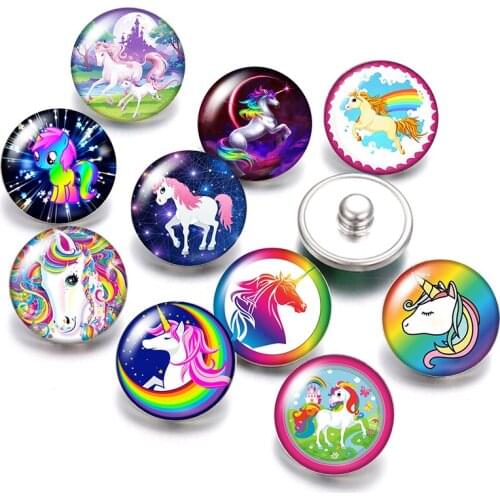 DB0461 New Unicorn Horse 10pcs Round 18mm snap buttons photo glass cabochon for snap jewelry bracelets necklace wholesale