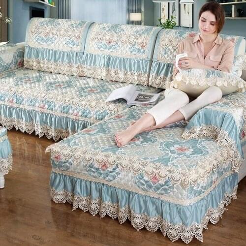 European Blue Lace Sofa Cover Luxury Cotton Linen Sofa Towel Slipcover Non-slip Cushion Pillowcase Sofa Sets For Living Room