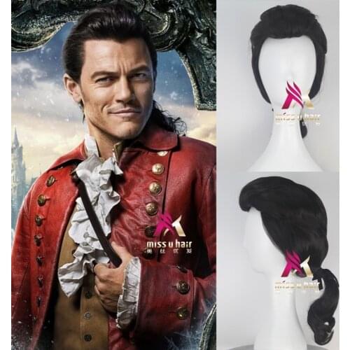 Gaston Wig Black Short Wig Cosplay Halloween Role Play Hair +wig cap