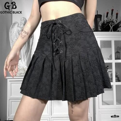 Gothblack Skirt Foral Print High Waist Slimming Pleated College Style Jacquard Bow Strap A Line Dress Streetwear Casual Bottom