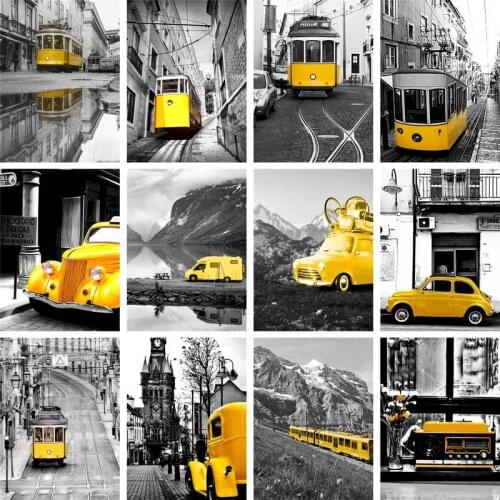 GATYZTORY DIY Painting By Numbers Yellow Bus Picture On Canvas Landscape Coloring By Numbers Acrylic paints Home Decor