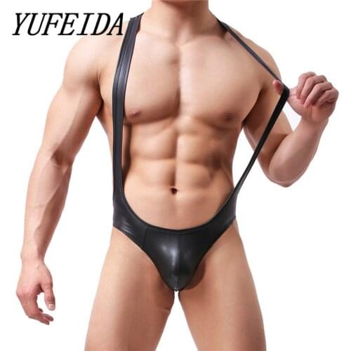 Sexy Men Bodysuits Jocktrap Faux Leather Undershirts Wrestling Singlet Jumpsuits Suspender Underwear One-Piece Sexy Costume
