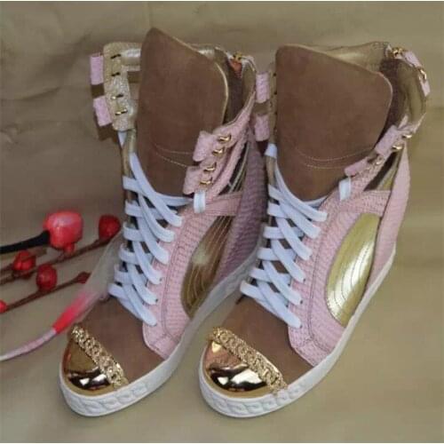 Patchwork Height Increasining Women Casual Shoes Wedges Sneakers Genuine Leather Metal Toe Pink Lace Up Platform Shoes Women