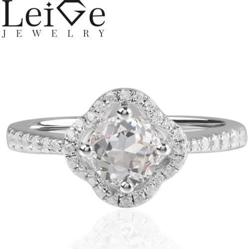 Leige Jewelry Natural White Topaz Rings Round Shape Halo Ring Romantic Gifts For Woman 925 Sterling Silver