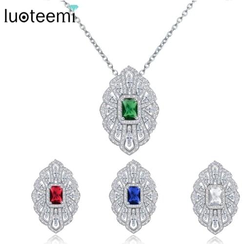 LUOTEEMI High Quality Colorful Stones Jewelry for Women White Gold-Color Vintage Necklace Geometry Pendant Christmas Party Gift
