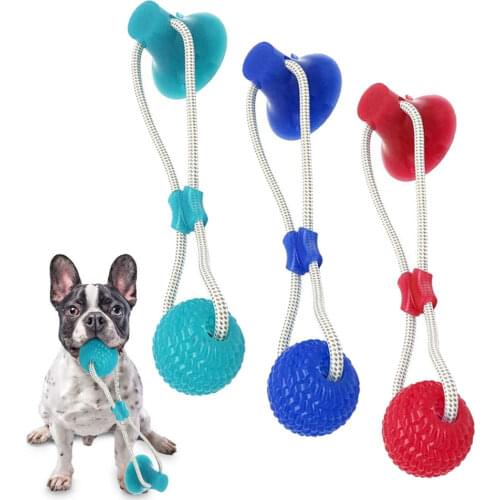 Multifunction Pet Molar Bite Dog Toys Rubber Chew Ball Cleaning Teeth Safe Elasticity Soft Sucker Interactive Toy Ball With Rope