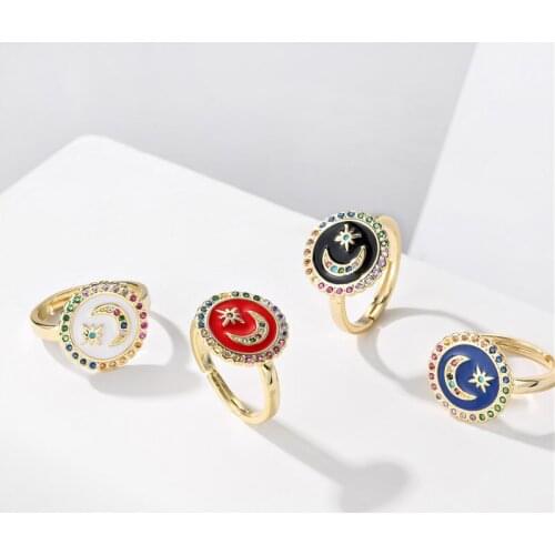 Fashion Boho Moon Star Dripping oil Ring Adjustable size Wholesale Gold Color CZ Women Wedding Ring Engagement Jewelry Gift