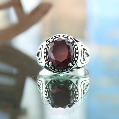 Sterling silver mens ring Turkish handmade jewelry red zircon all size