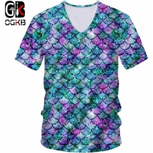 OGKB Hiphop Streetwear Punk Stly Sexy V Neck Tee Shirt Women/mens Funny Print Fish Scale 3D T-shirt Casual Tshirts New Harajuku