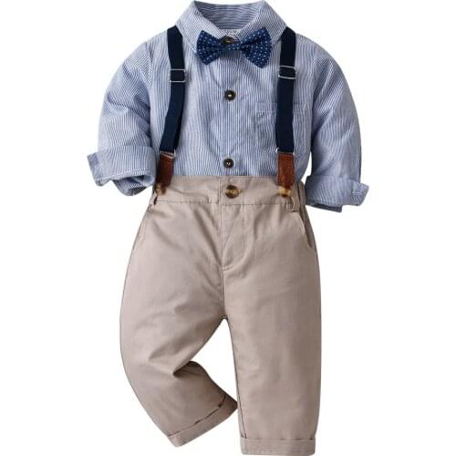 2021 Autumn Striped Clothes for Baby Boy Rompers with Bow + Pants + Belt 4 PCS/Set Infant Children Blue Outfit