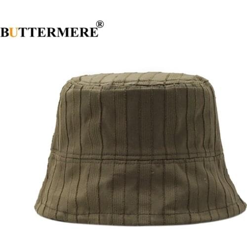 BUTTERMERE Bucket Hat Womens Men Harajuku Japanese Style Fishing Hat Army Green Striped Casual Unisex Sun Protector Hat
