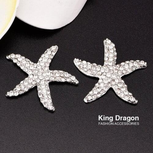 Flat Back Rhinestone Starfish Embellishment Button Used On Wedding Invitation 32MM 100PCS/Lot Silver Color KD135