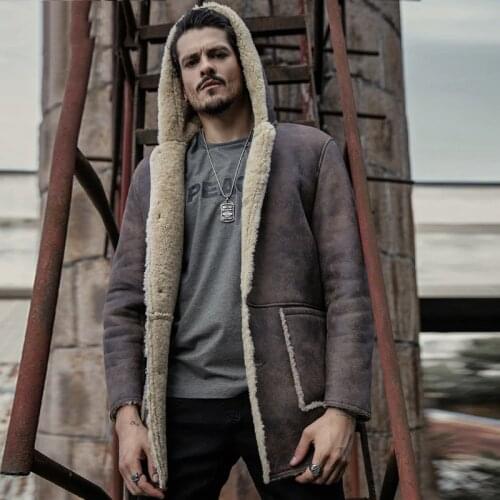 Gray Camouflage Hooded Mens Shearling Jacket Long Style Leather Jacket Mans Aviator Fur Coat Fur Outerwear Flight Jacket