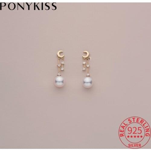 PONYKISS 100% S925 Sterling Silver Moon Pearl Tassel Zircon Stud Earrings For Women Fine jewelry Accessories Party Drop Shipping