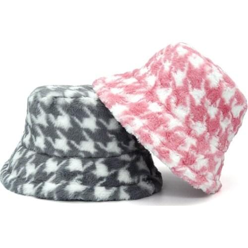 Luxury Winter Outdoor Fluffy Fisherman Hat Women Houndstooth Panama Thickened Plaid Warm Fishing Cap Faux Fur Rabbit Bucket Hat