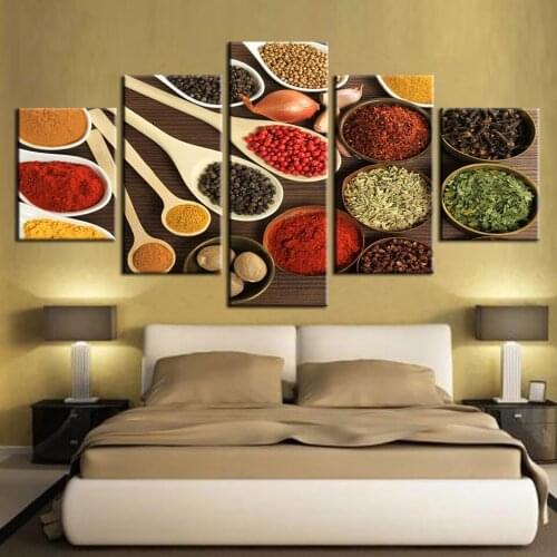 Modern Wall Art Pictures HD Prints 5 Pieces Spoon Grains Spices Modular Canvas Painting Home Decor Kitchen Food Poster No Frame