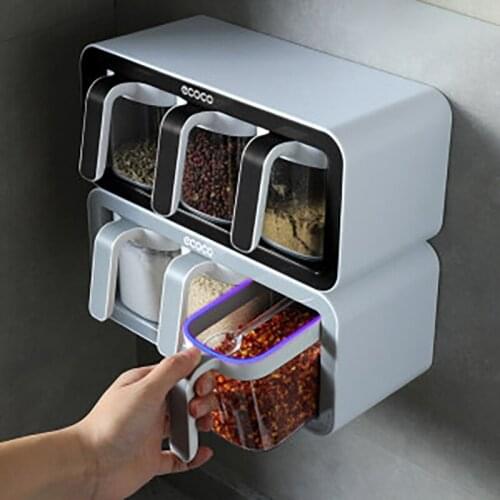 Wall Mount Spice Rack Organizer Sugar Bowl Salt Shaker Sealed Spice Storage Box With Spoon Seasoning Container Kitchen Supplies