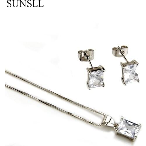 SUNSLL Silver Color Copper Multicolor Crack Cubic Zirconia Stud Earrings And Pendant Necklaces Womens Fashion Jewelry Sets