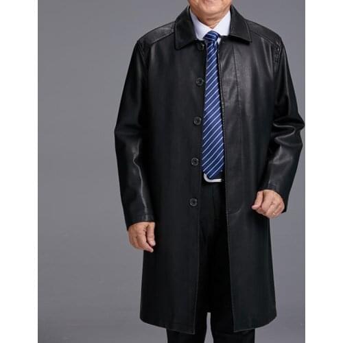 Plus velvet leather coats men long coat mens leather trench coats thicken autumn winter fashion black casual father wear 4XL